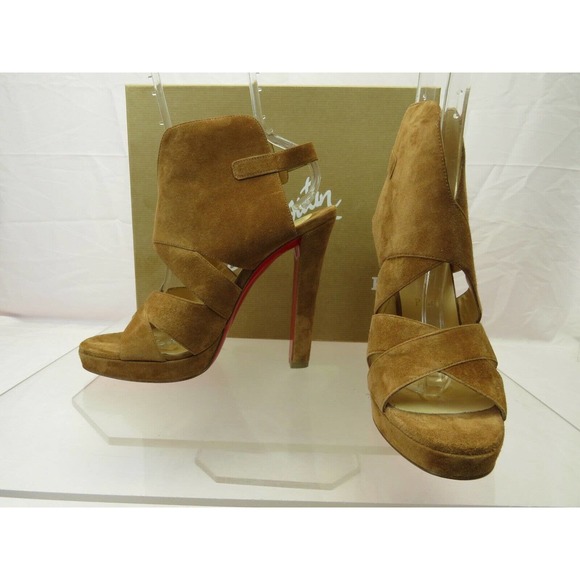 NIB LOUBOUTIN APRON LILI 120 BROWN SUEDE CRISSCROSS PLATFORM PUMPS 40.5 ITALY - Picture 8 of 12